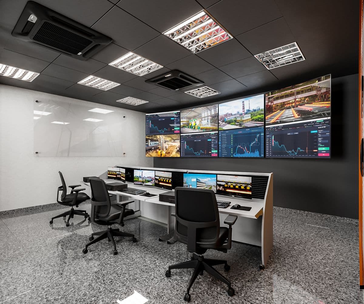 Control room with a video wall of dashboards and three operator workstations