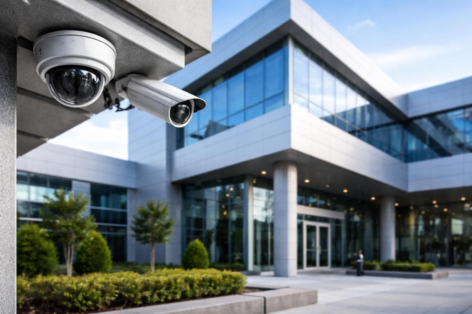 Surveillance cameras mounted on a modern commercial building