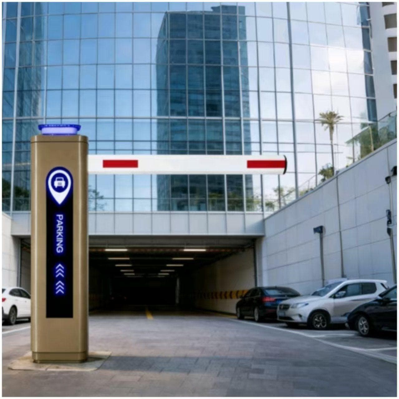 Barrier gate and parking guidance totem at the entrance of a commercial car park