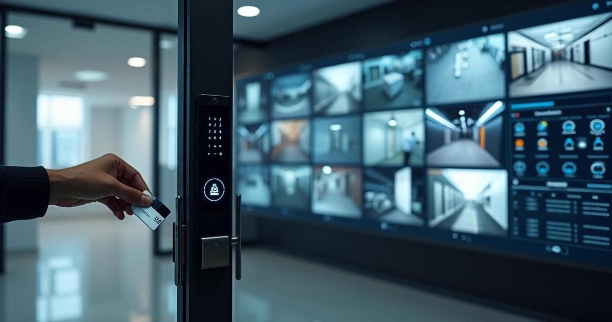 Hand presenting an access card at a controlled door, with a surveillance monitoring wall behind