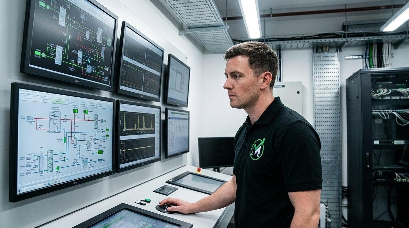 Operator monitoring building system interfaces across multiple screens in a plant control room
