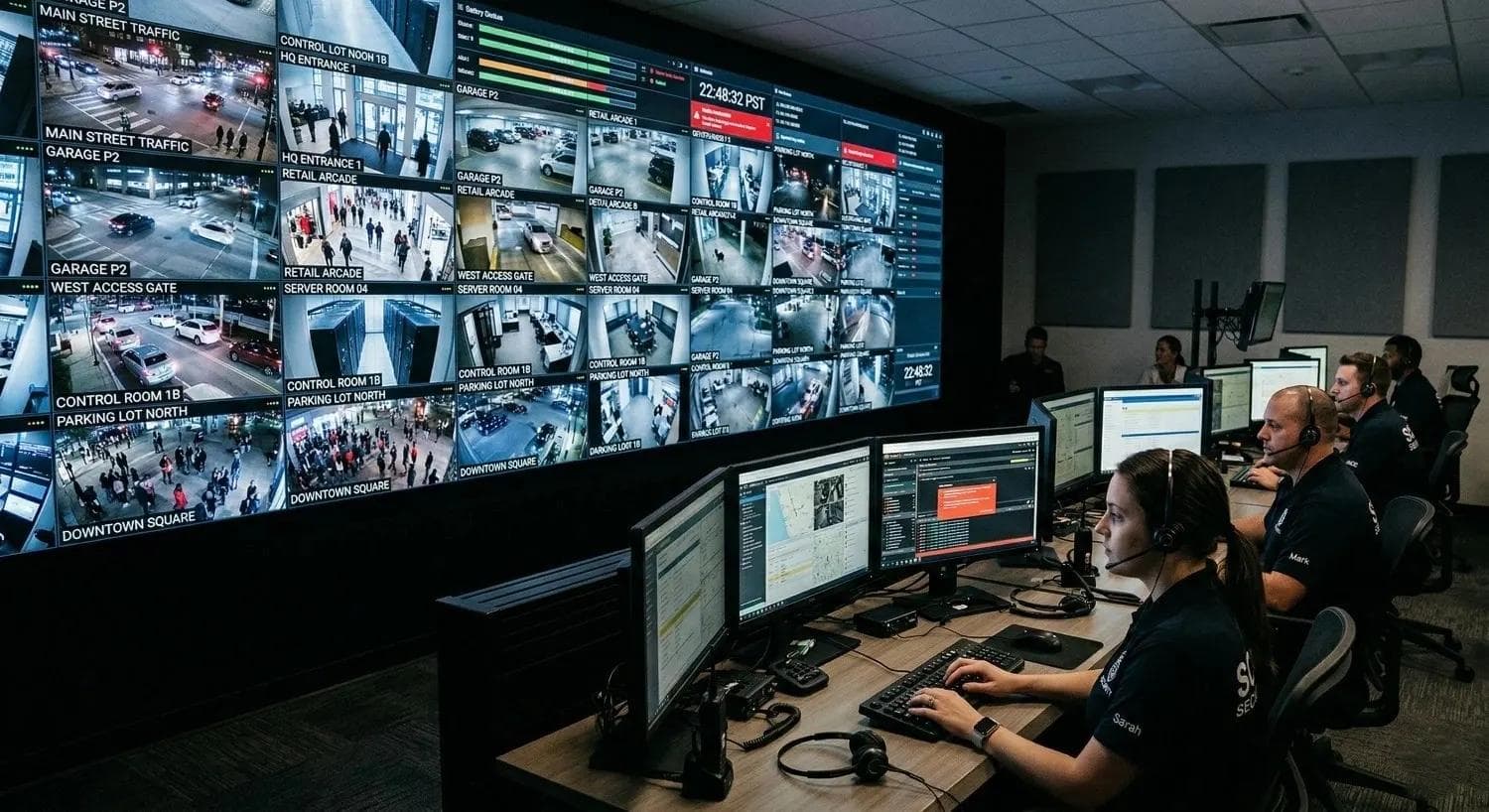 Operators at workstations in front of a large video wall in a security command center