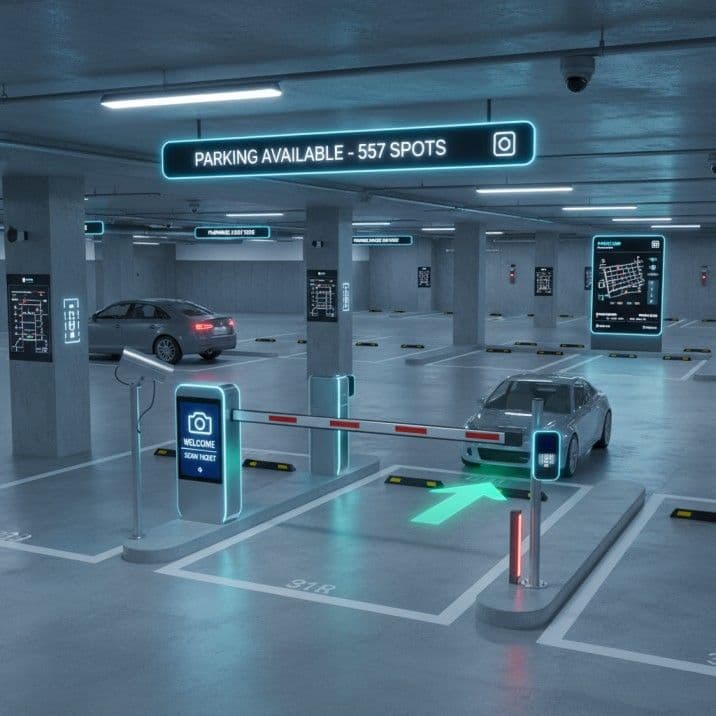 Underground car park with lit guidance signage and bay indicators directing drivers to available spaces